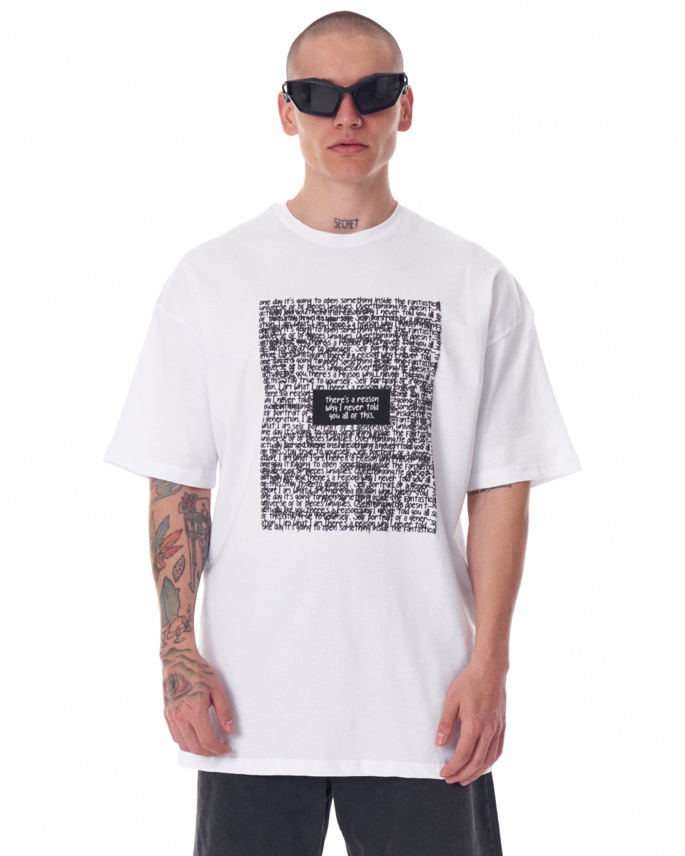 Übergroßes weißes T-Shirt für Herren mit Textdruck auf der Vorderseite - Weiß