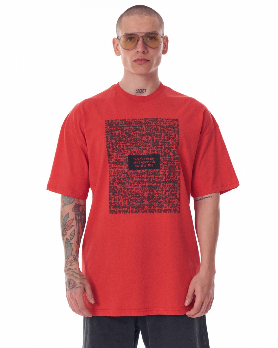 T-shirt rossa oversize stampata sul davanti da uomo - Rosso