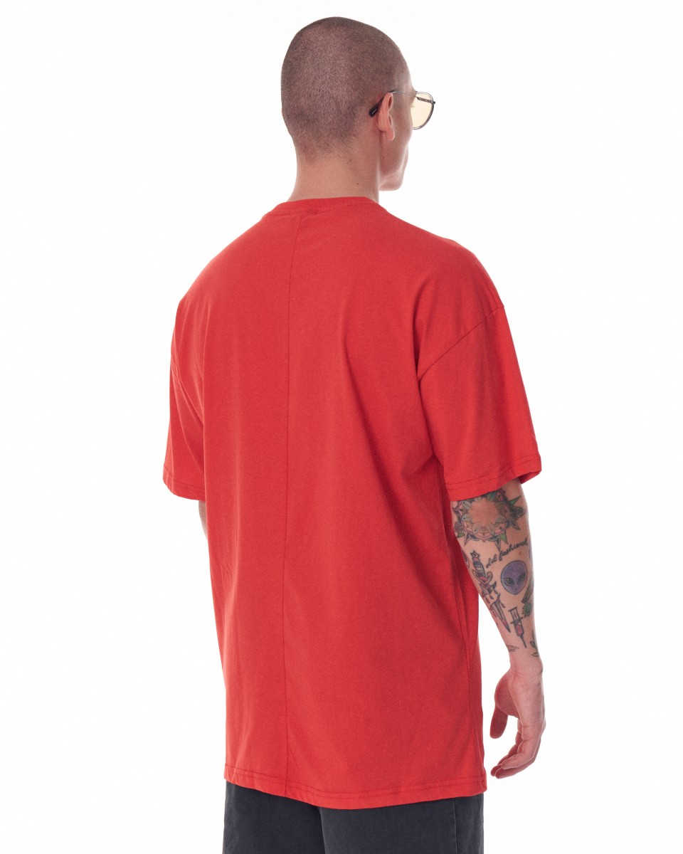 Camiseta masculina vermelha grande com estampa de texto frontal | Martin Valen