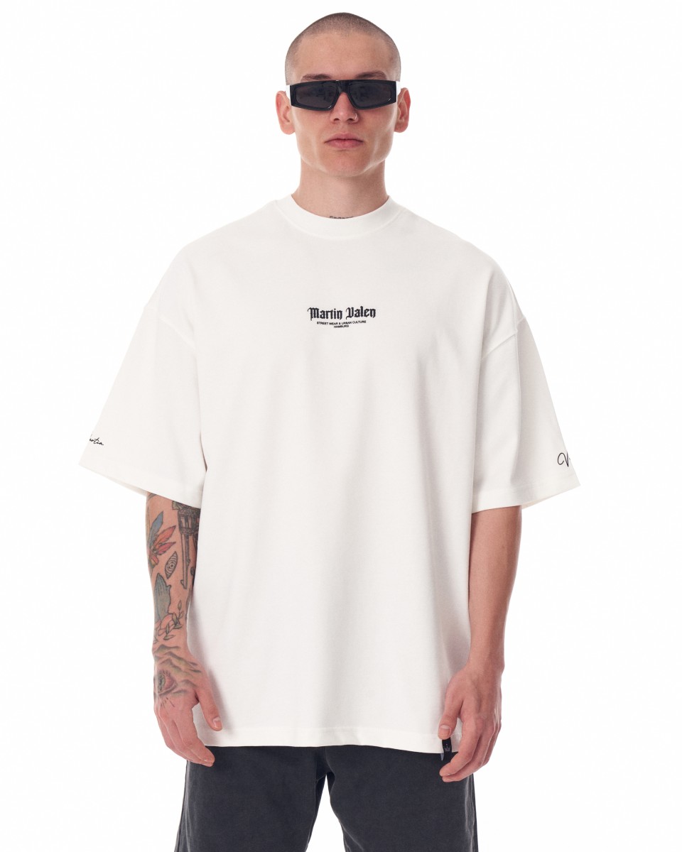Camiseta pesada blanca con estampado 3D de manga y pecho de Martin Valen de gran tamaño para hombre