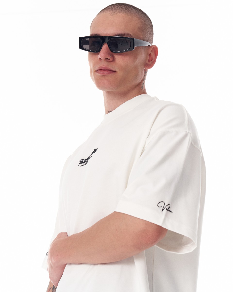 T-shirt pesante bianca stampata in 3D con maniche e petto oversize Martin Valen da uomo | Martin Valen