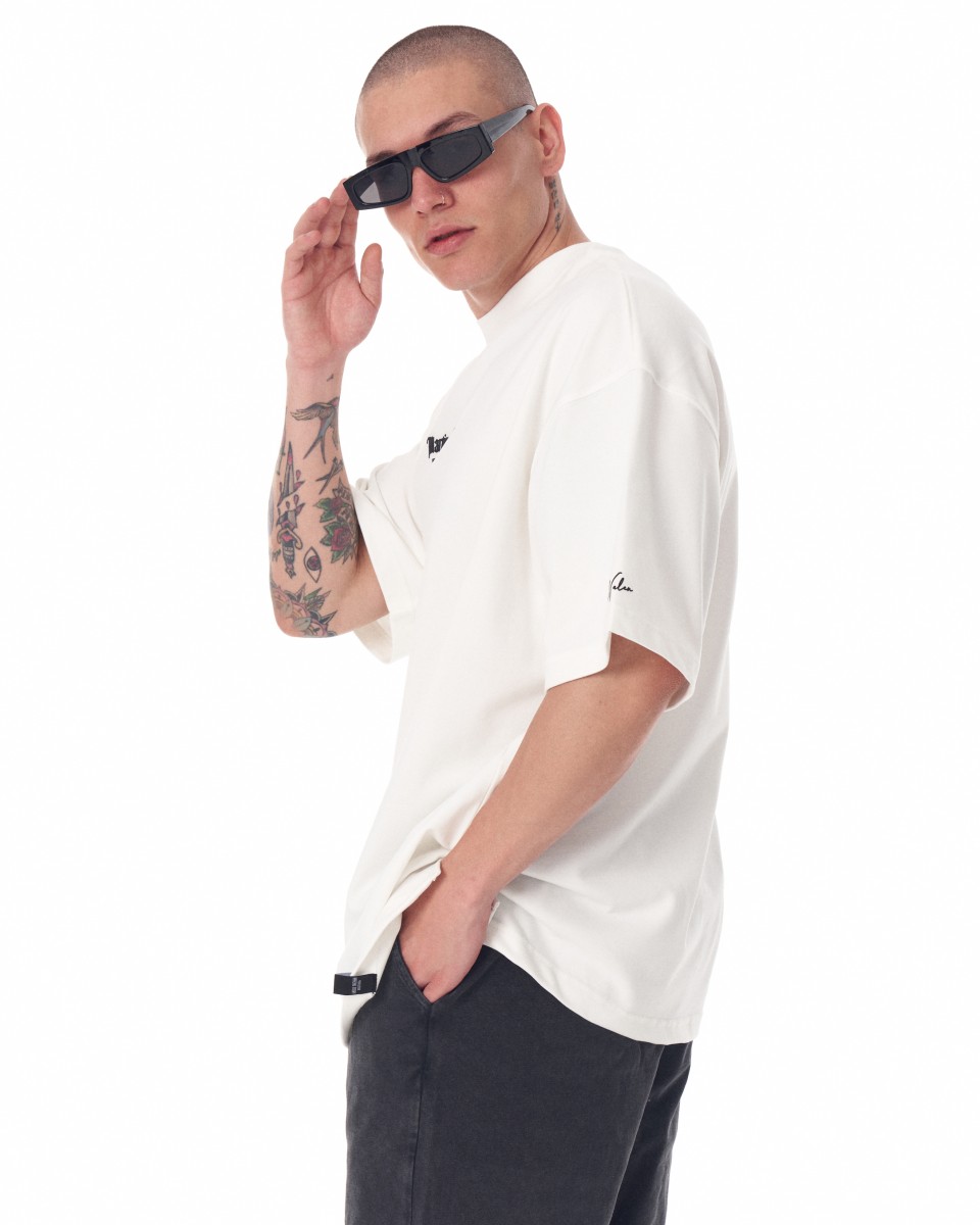 Men's Oversized Martin Valen Sleeve and Chest 3D Printed White Heavy T-Shirt | Martin Valen
