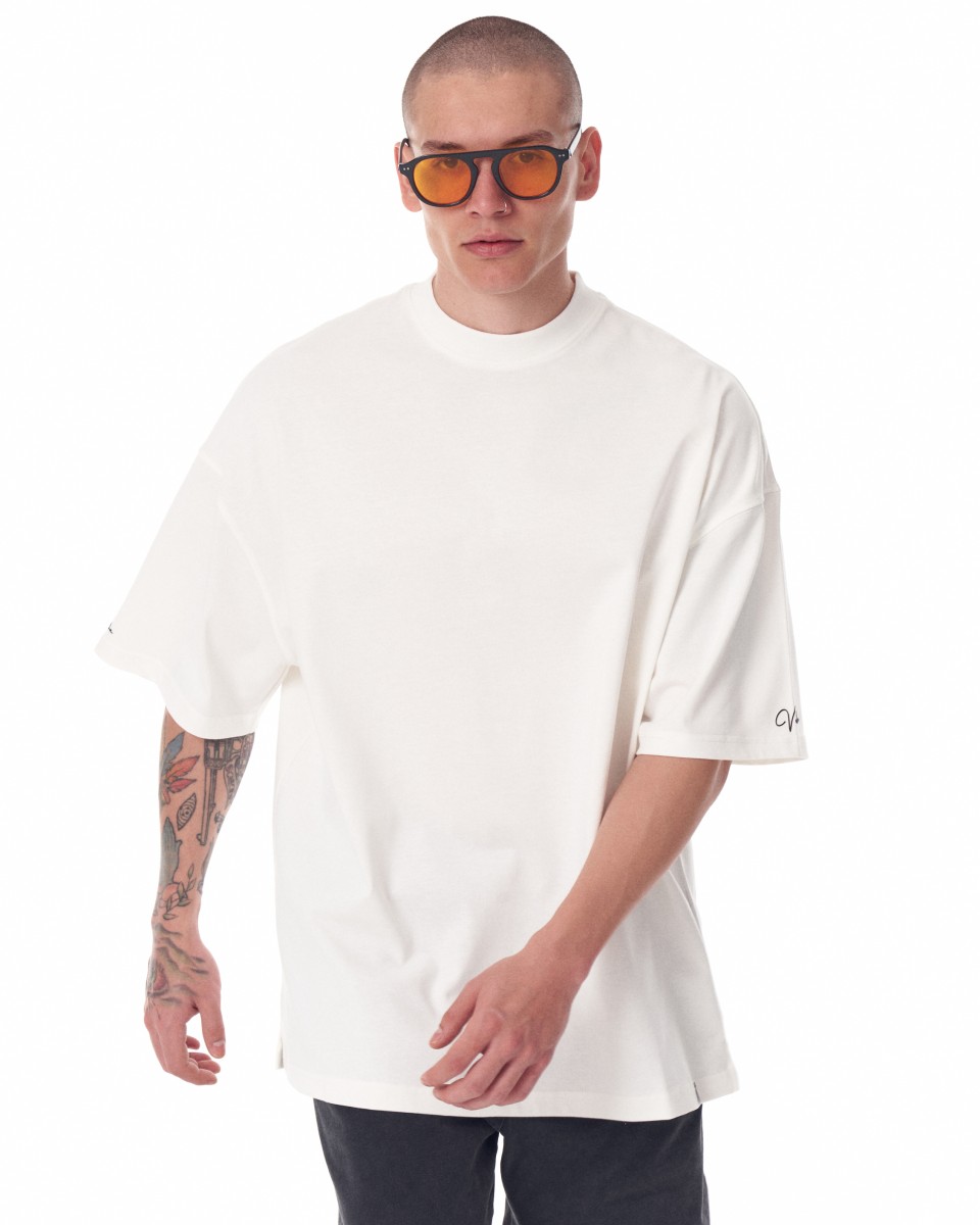 Camiseta pesada blanca con estampado 3D de manga, pecho y espalda de Martin Valen de gran tamaño para hombre | Martin Valen