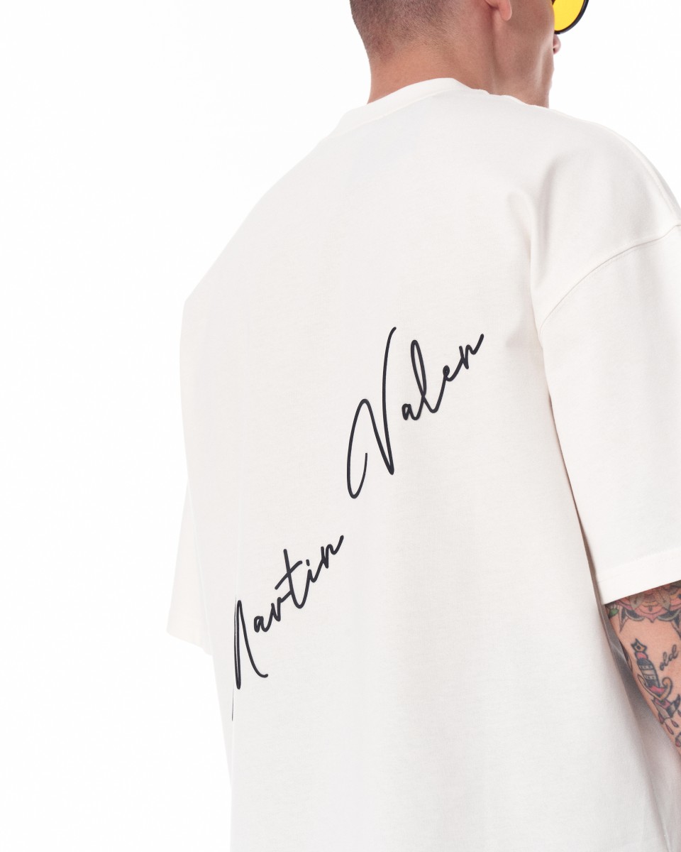 Men's Oversized Martin Valen Sleeve, Chest and Back 3D Printed White Heavy T-Shirt - White
