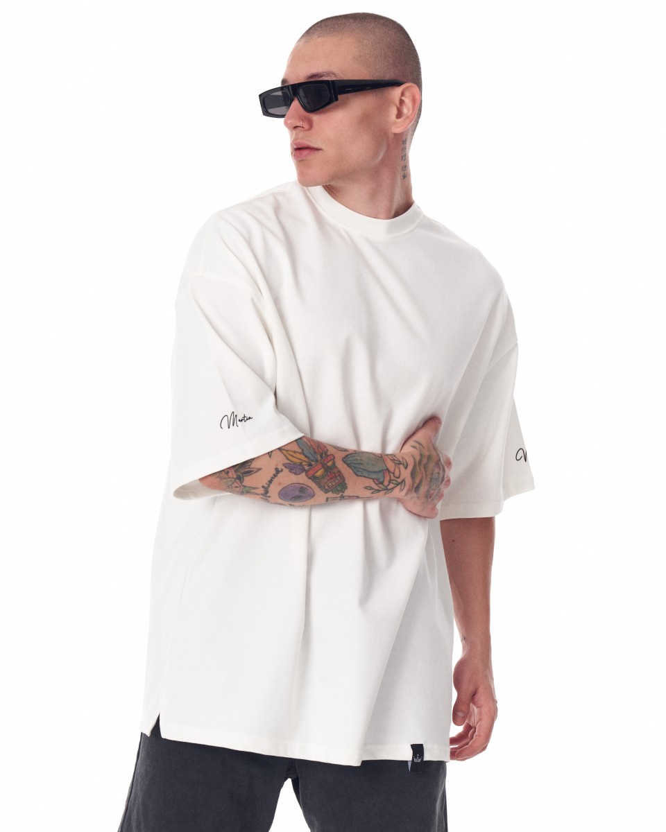 Camiseta masculina de manga grande com estampa 3D branca pesada - Branco