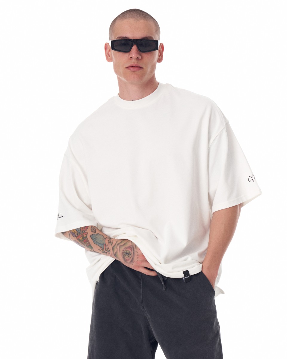 Camiseta pesada blanca con manga extragrande y estampado 3D para hombre | Martin Valen