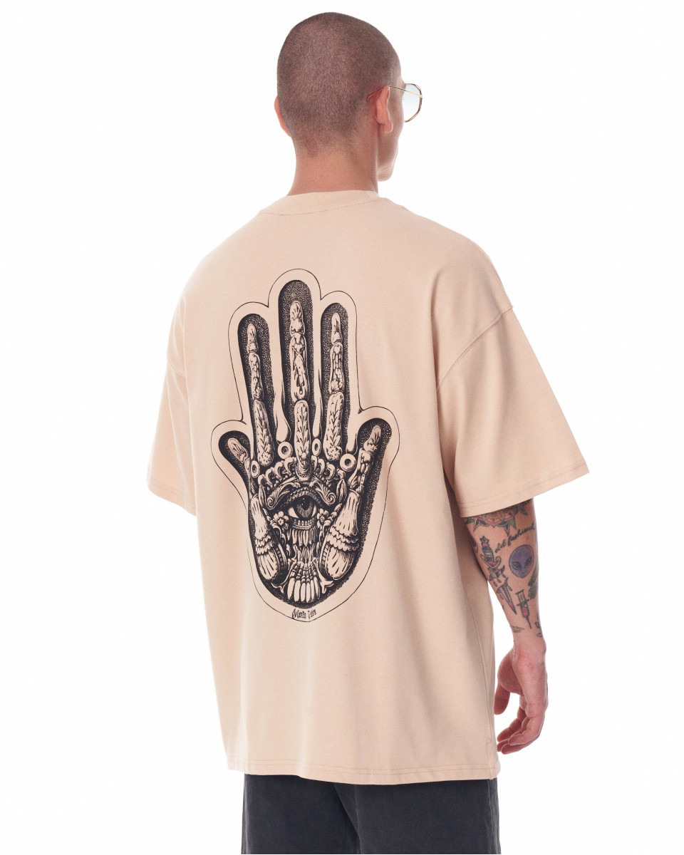 Camiseta Beige Oversized Masculina com Impressão 3D no Peito e Impressão Transferida nas Costas - Bege