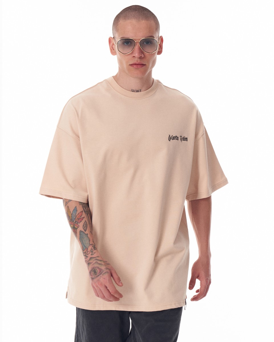 Мужская свободная футболка бежевого цвета с 3D-печатью на груди и переводной печатью на спине | Martin Valen