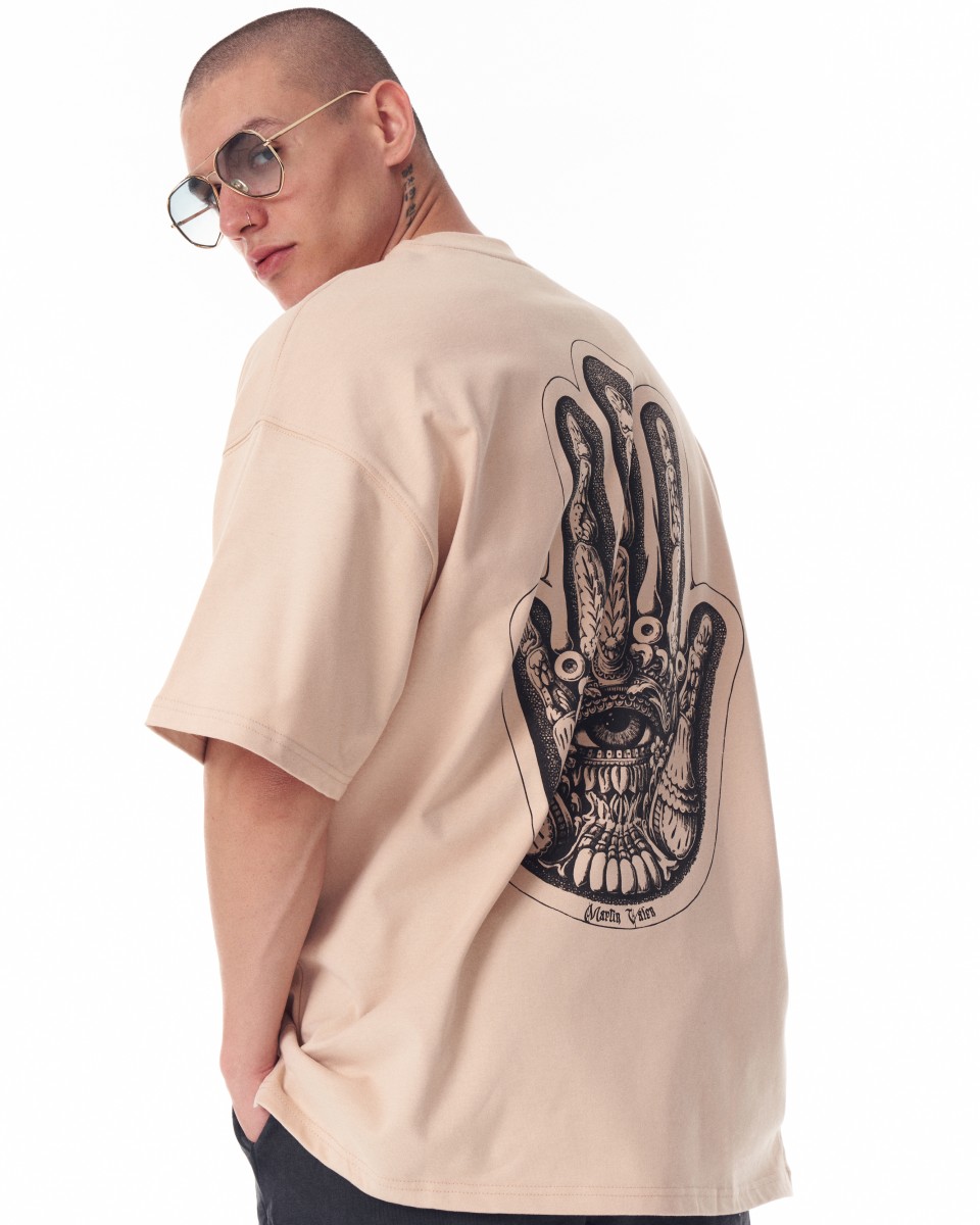 Мужская свободная футболка бежевого цвета с 3D-печатью на груди и переводной печатью на спине | Martin Valen