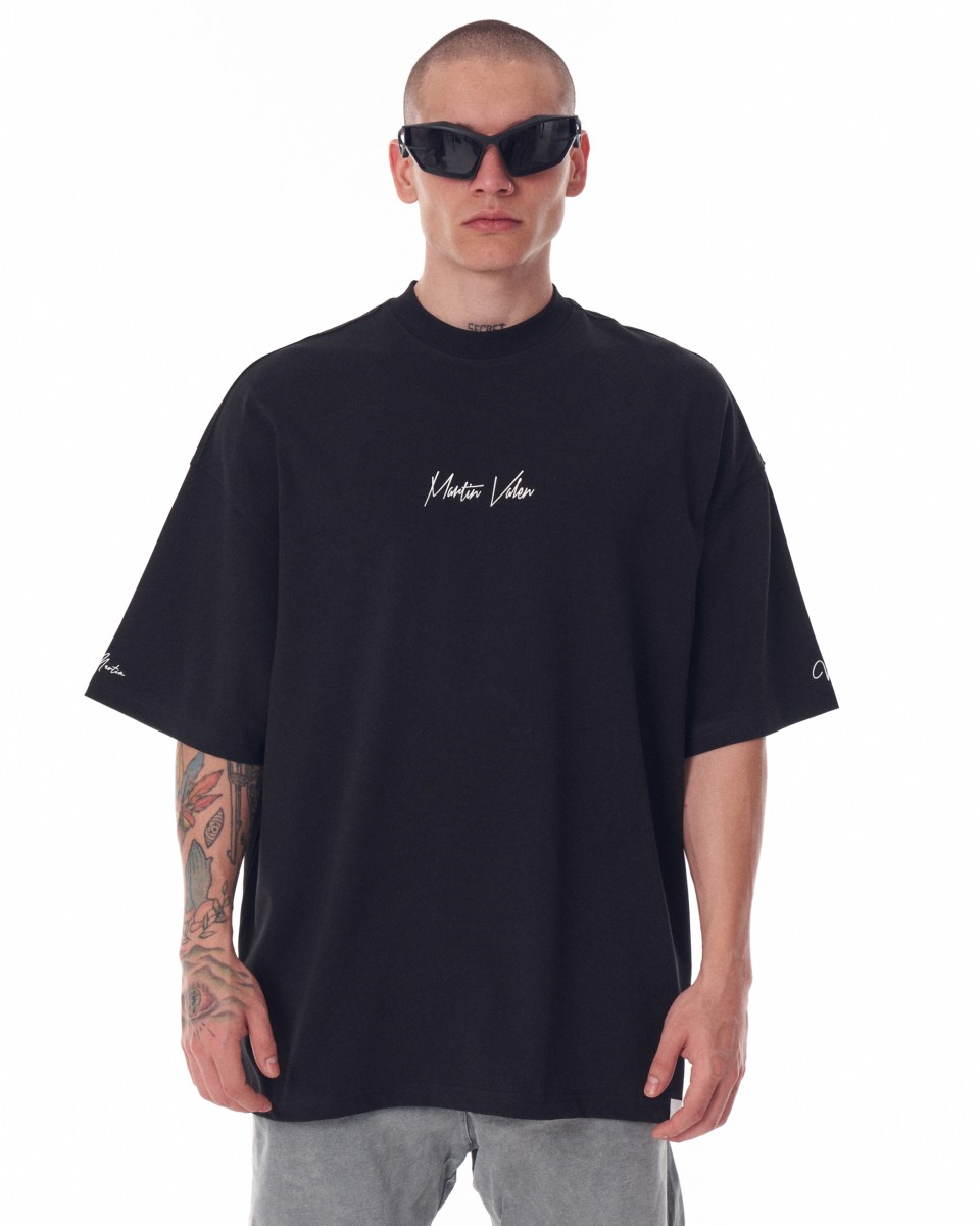 Men's Oversized Chest Sleeve and Back 3D Printed Black Heavy T-Shirt - Black