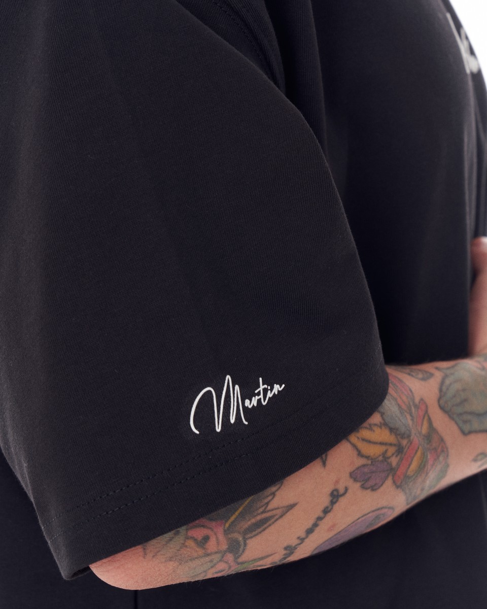 Camiseta masculina grande com manga no peito e costas impressa em 3D preta pesada | Martin Valen