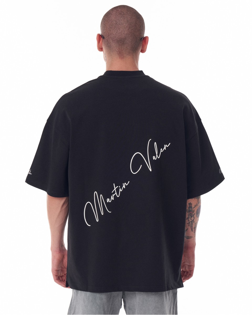 Camiseta masculina grande com manga no peito e costas impressa em 3D preta pesada | Martin Valen