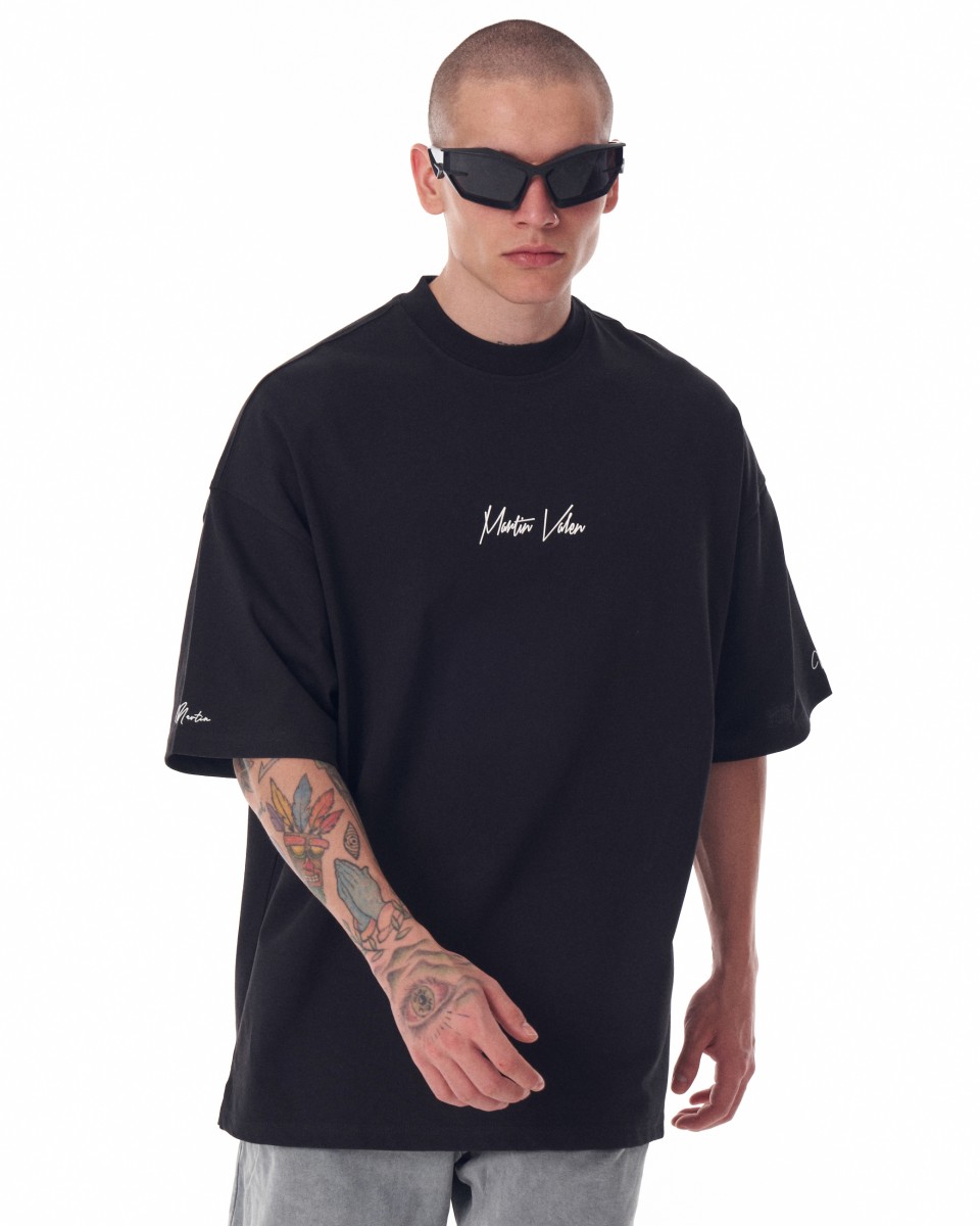Camiseta pesada negra con estampado 3D, manga en el pecho y espalda de gran tamaño para hombre | Martin Valen