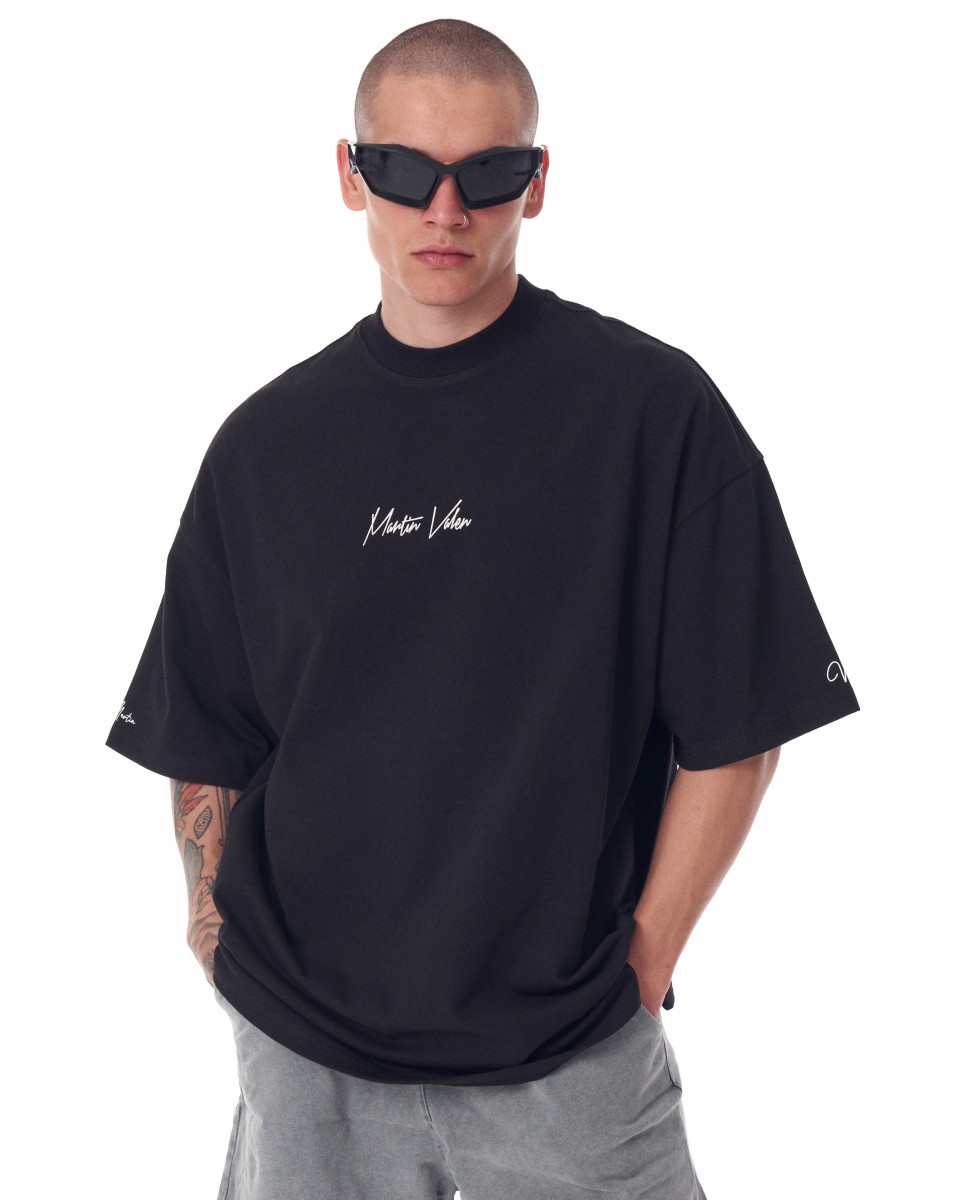 Men's Oversized Chest Sleeve and Back 3D Printed Black Heavy T-Shirt | Martin Valen