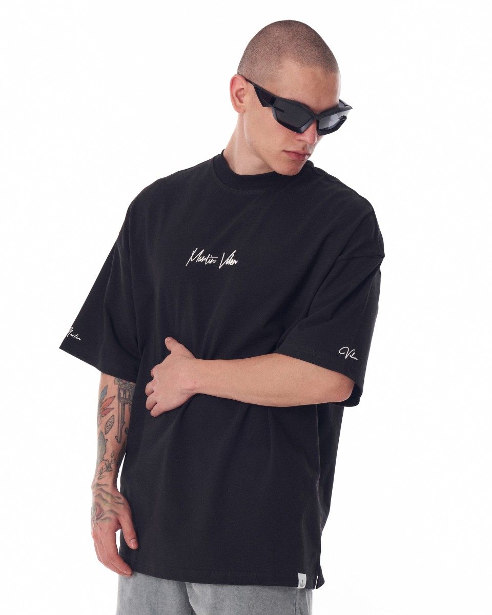 Men's Oversized Chest Sleeve and Back 3D Printed Black Heavy T-Shirt | Martin Valen