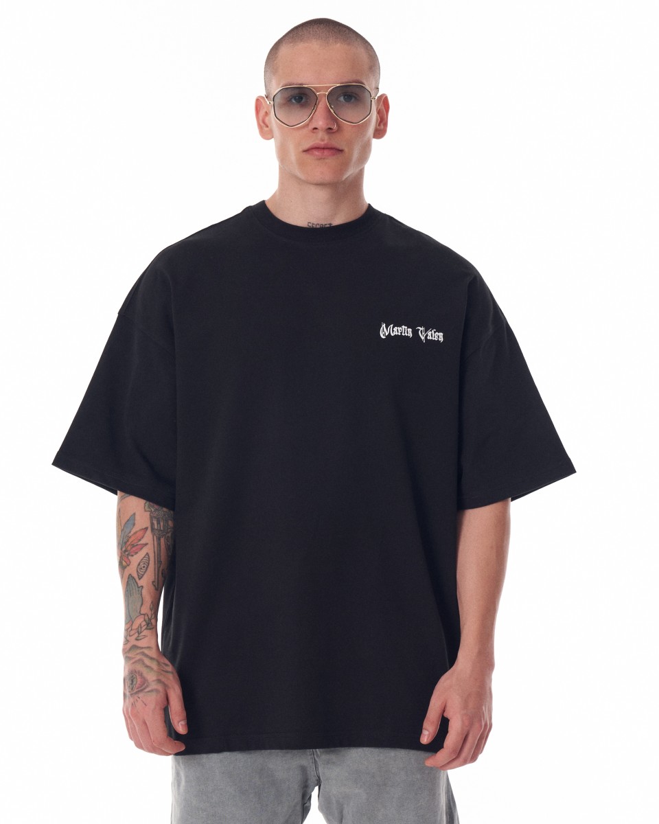 Camiseta Pesada Negra con Estampado 3D en el Pecho y la Espalda de Gran Tamaño para Hombre | Martin Valen