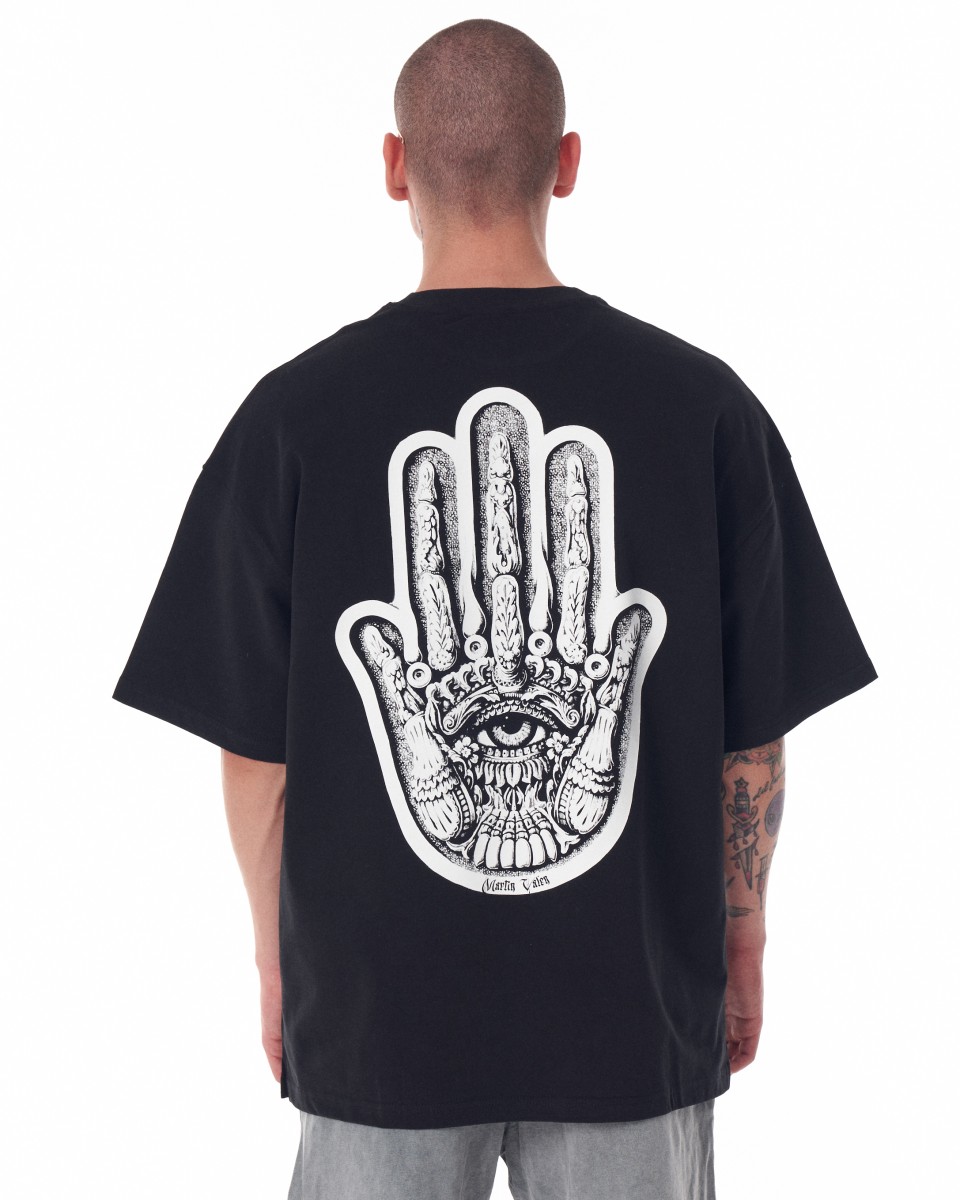 Schwarzes Heavy-T-Shirt mit 3D-Druck für Herren in Übergröße auf Brust und Rücken - Schwarz
