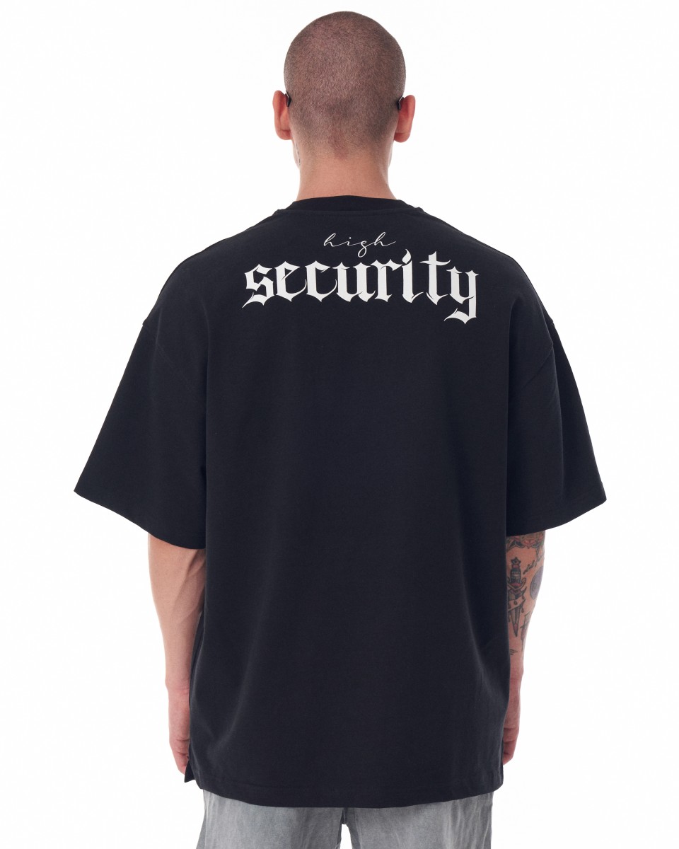 T-shirt pesante nera serigrafata sul retro oversize da uomo - Nero