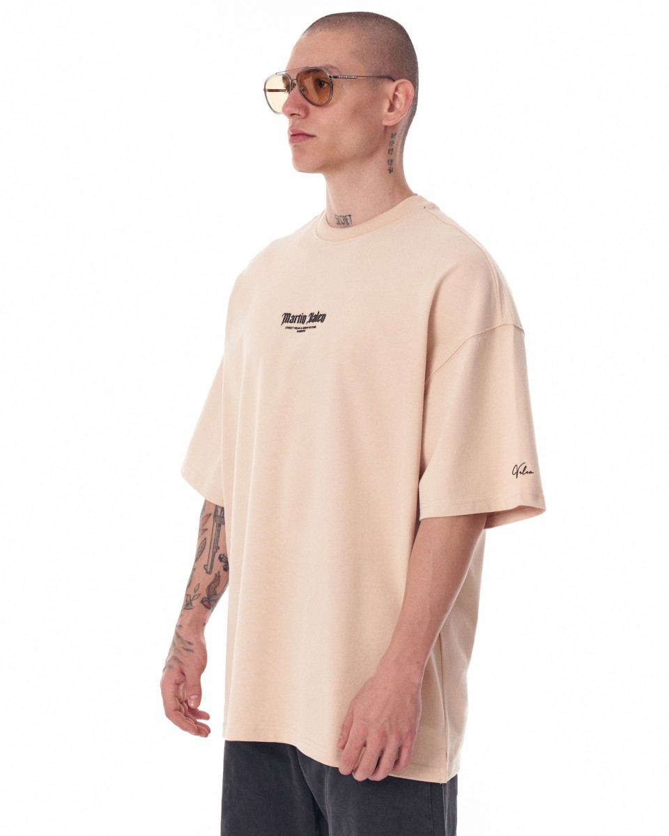 Camiseta extragrande de color beige con estampado 3D de Martin Valen y mangas en el pecho para hombre | Martin Valen