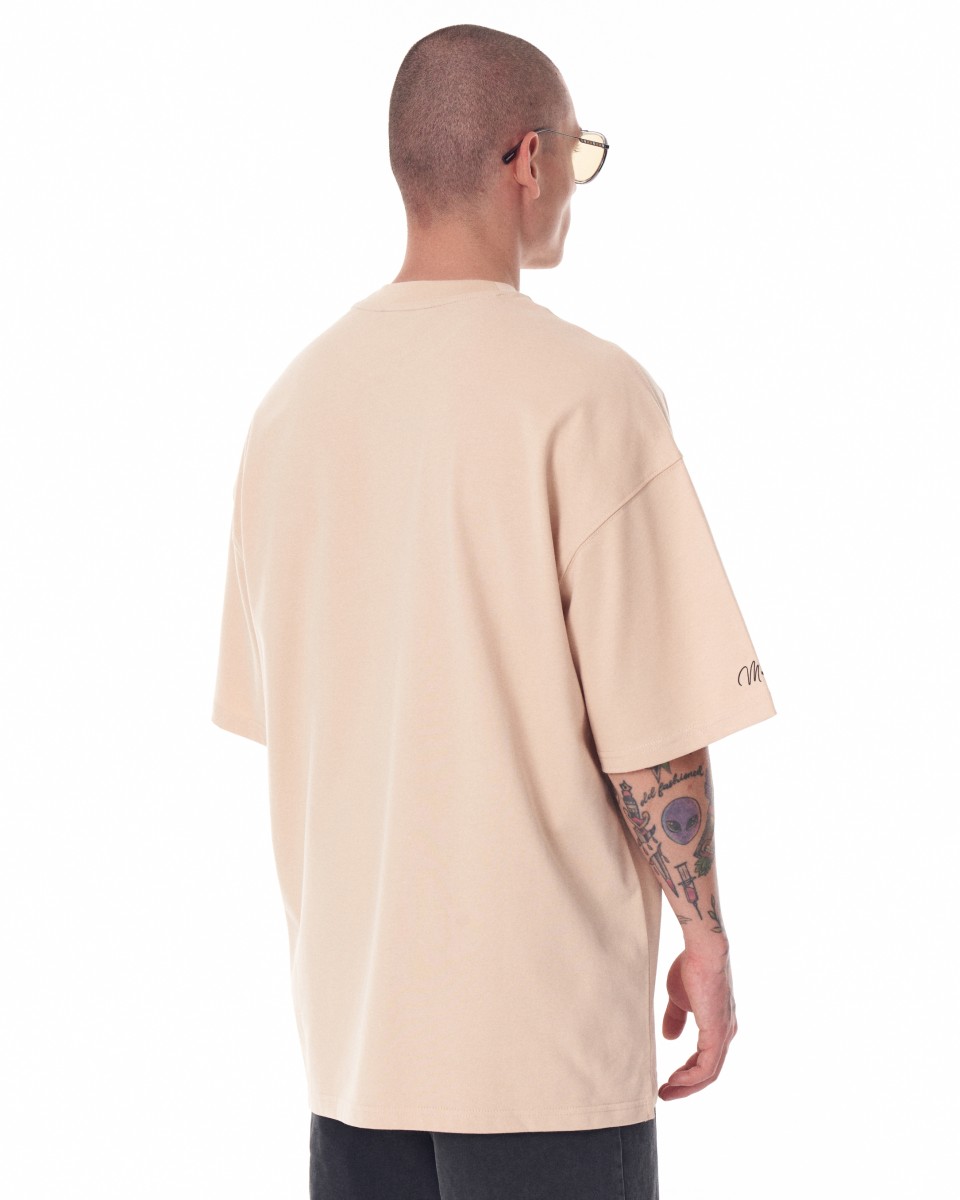 Herren-T-Shirt in Übergröße mit 3D-Druck von Martin Valen an Ärmeln und Brust, beige, schwer, | Martin Valen