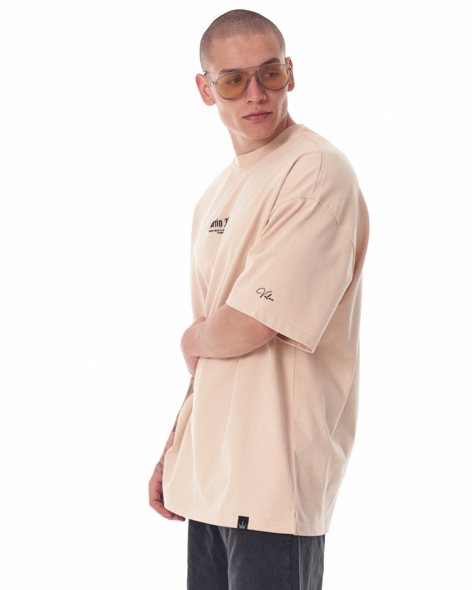 Men's Oversized Martin Valen Sleeve and Chest 3D Printed Beige Heavy T-Shirt | Martin Valen