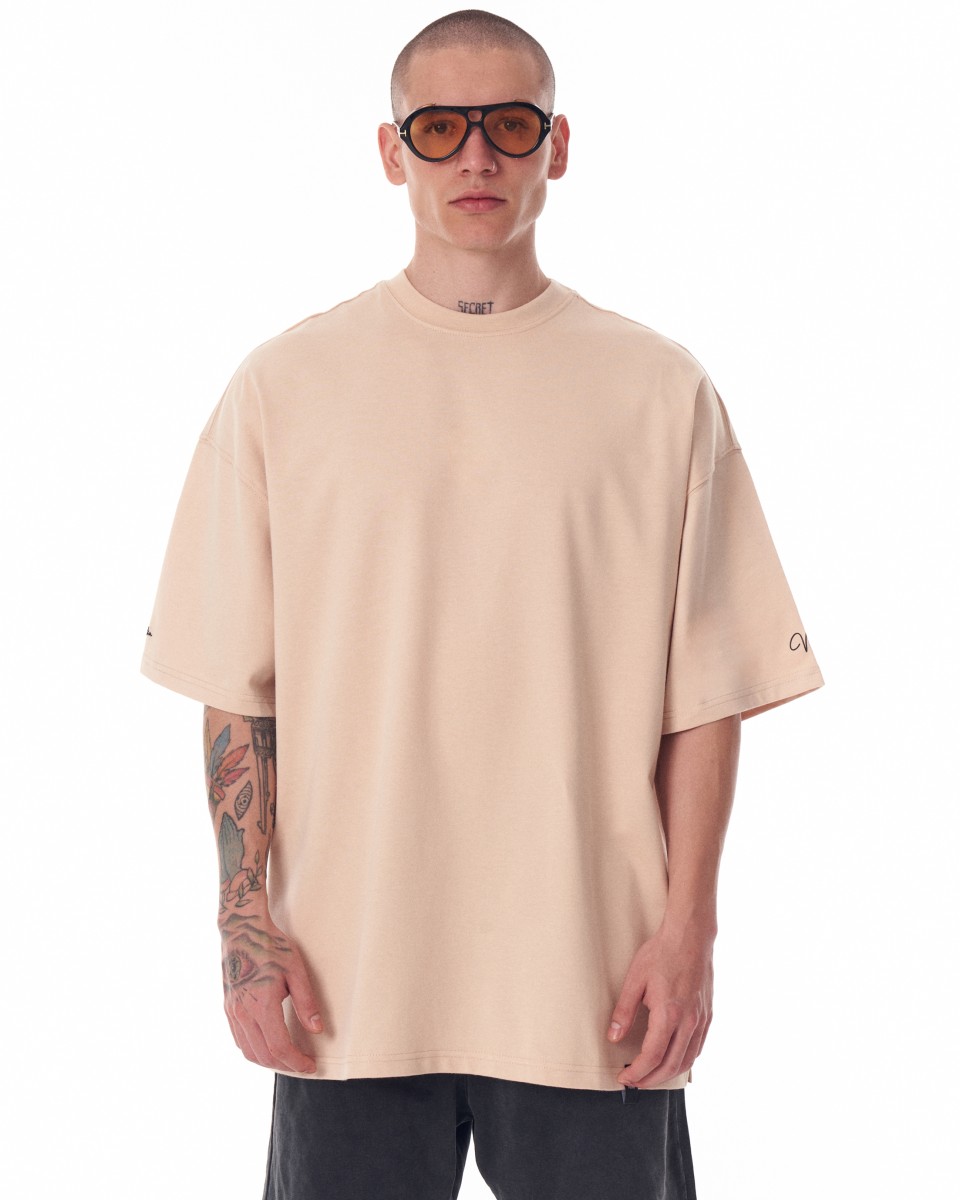 Schweres, beiges T-Shirt mit übergroßen Ärmeln und 3D-Druck für Herren - Beige