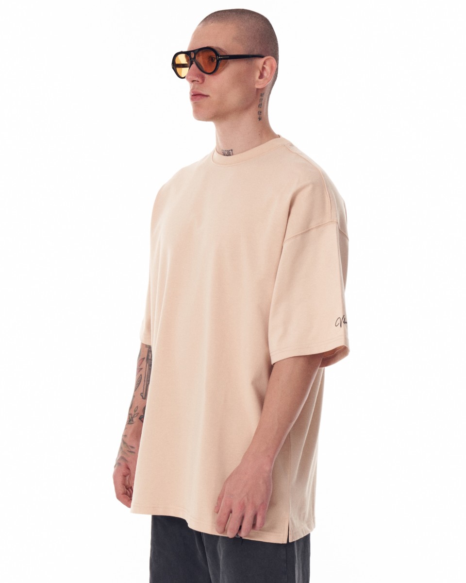 Men's Oversized Sleeve 3D Printed Beige Heavy T-Shirt | Martin Valen