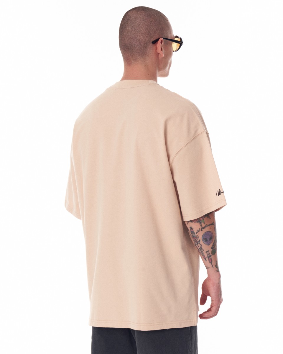 Camiseta pesada beige con manga extragrande y estampado 3D para hombre | Martin Valen