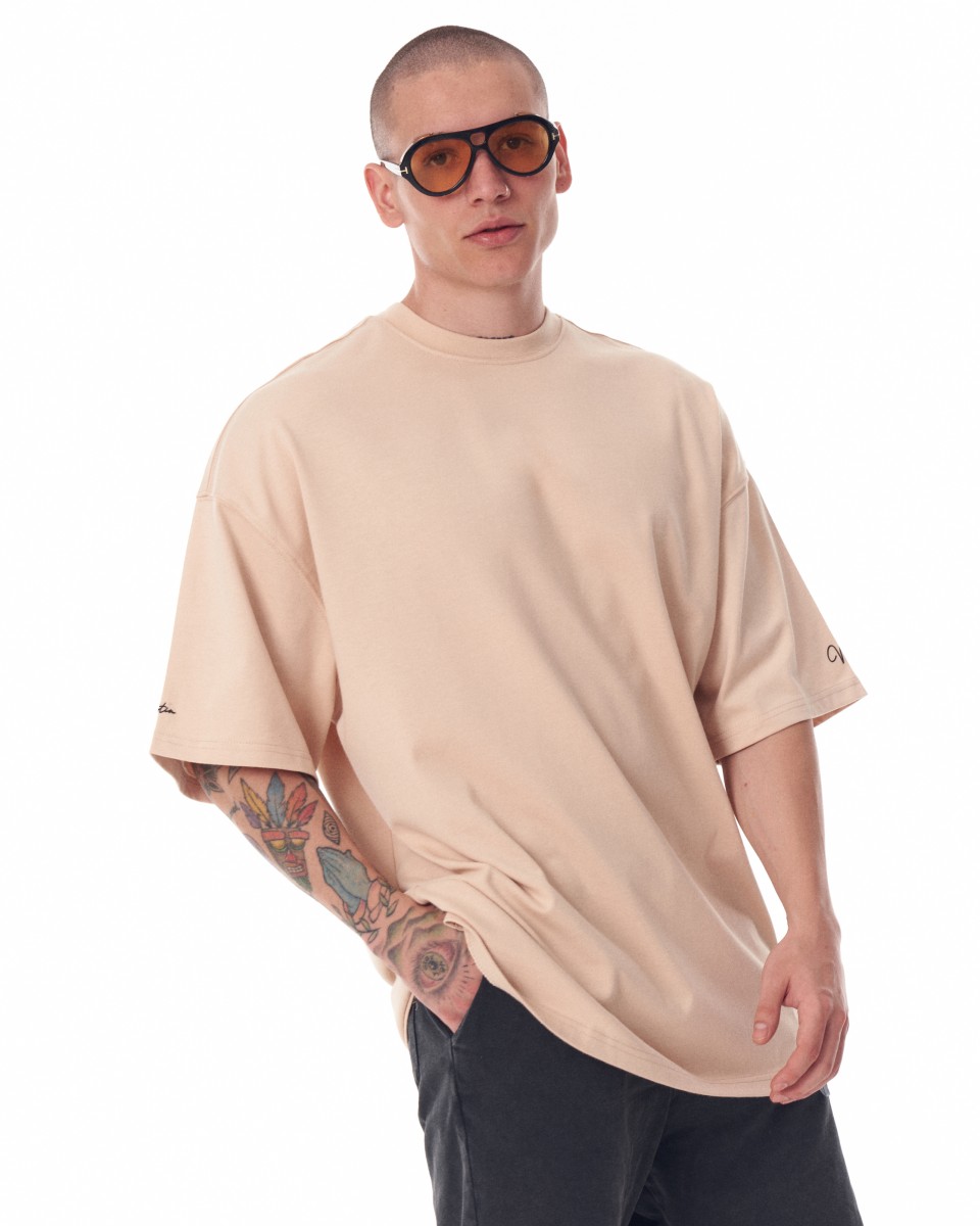 Camiseta pesada beige con manga extragrande y estampado 3D para hombre | Martin Valen