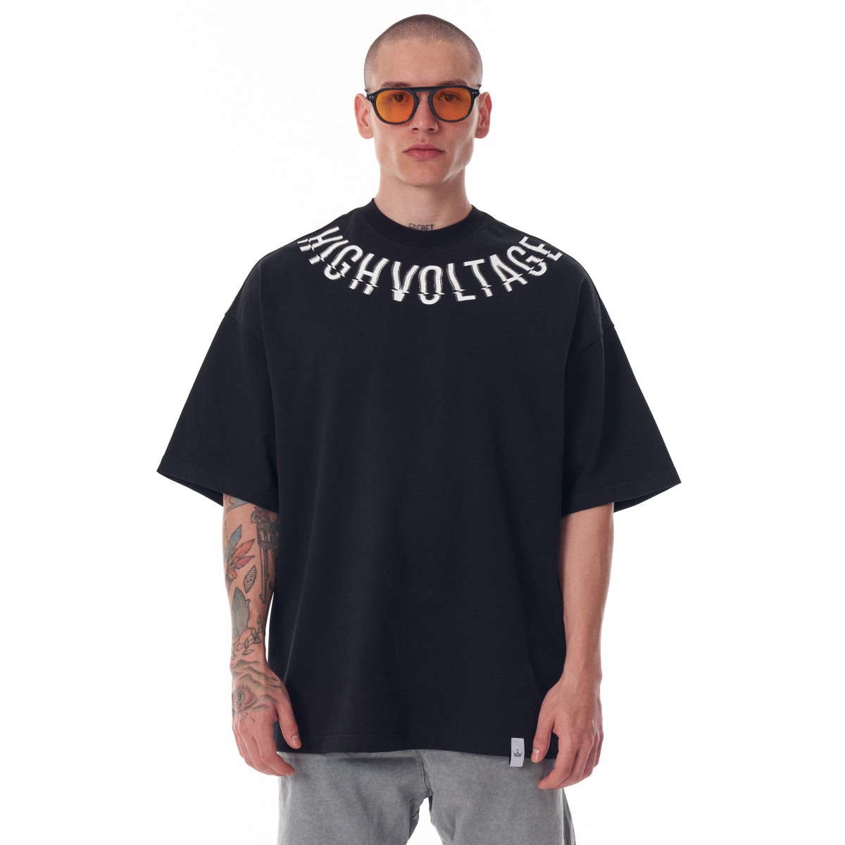 Men's Oversized Collar Screen Printed Black Heavy T-Shirt - Black