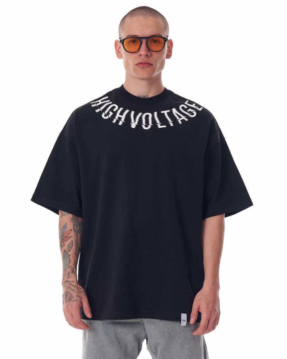 Camiseta Preta Oversized com Colarinho Estampado para Homens - Preto
