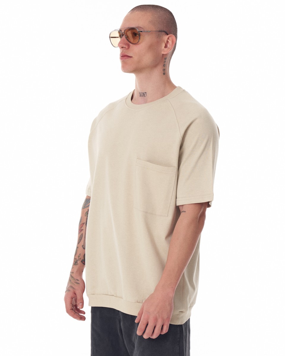 Men’s Regular Fit Crew Neck Melange T-shirt with Pocket - Cream