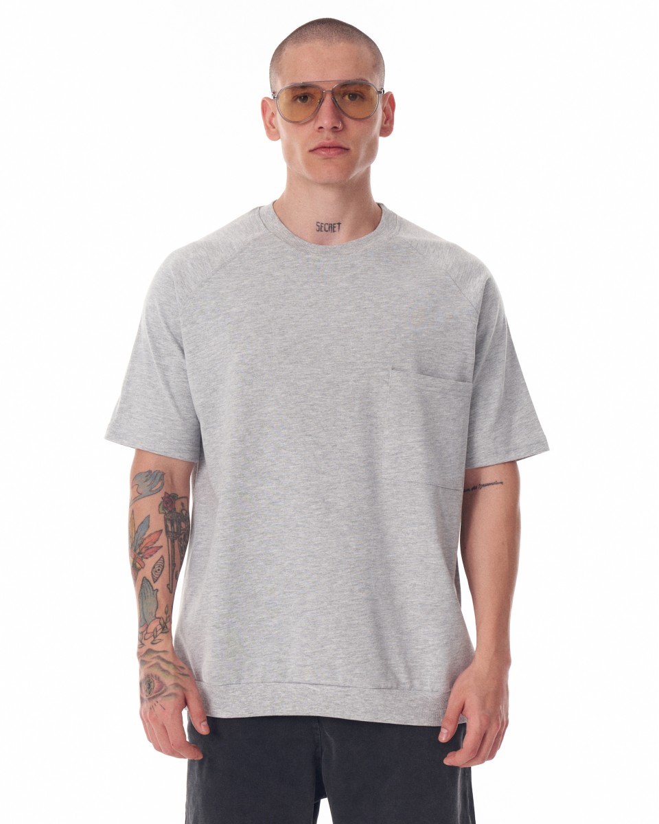 Camiseta Mélange de Cuello Redondo y Corte Regular para Hombres con Bolsillo - Gray