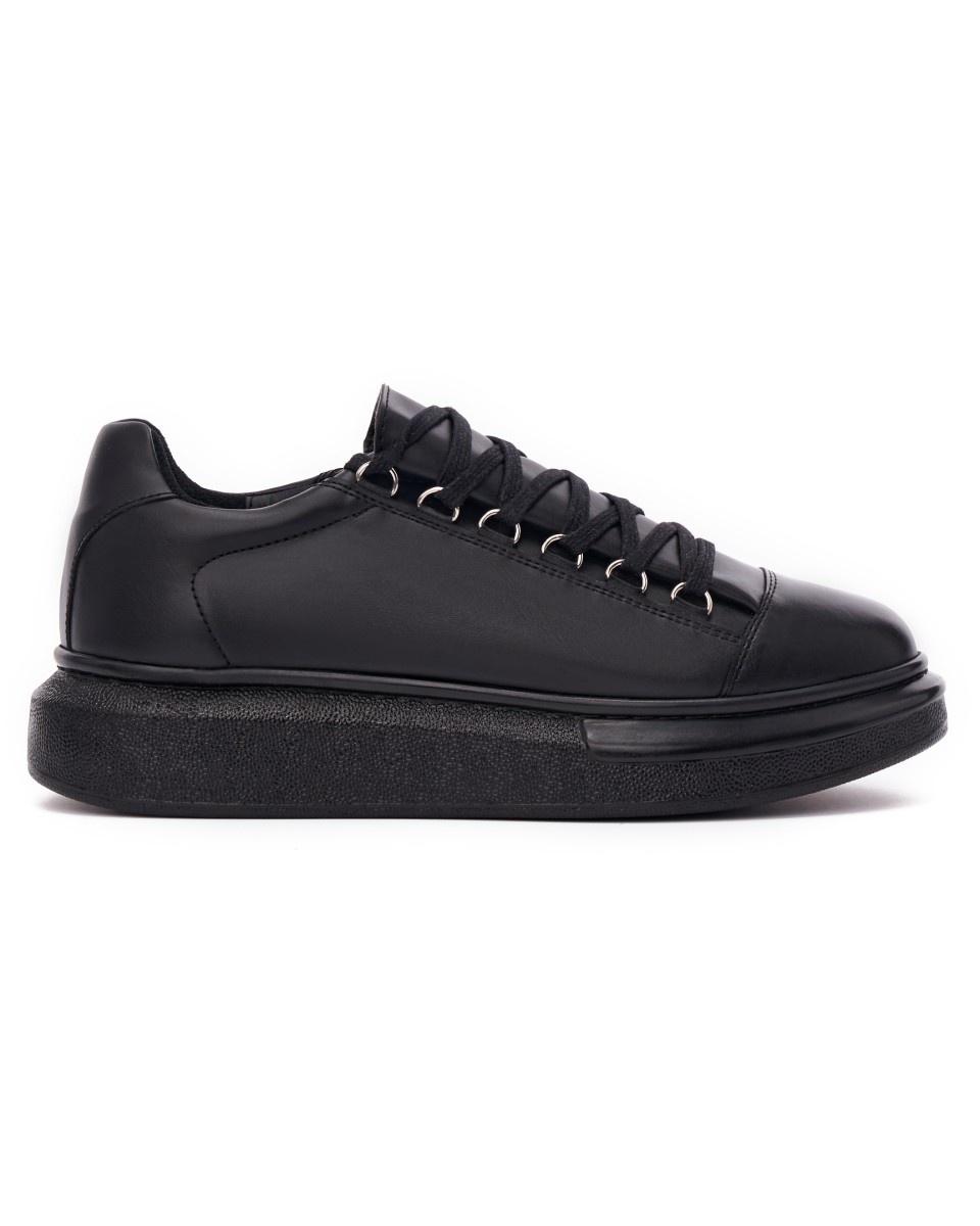 Men’s High Sole Low Top Sneakers Shoes Black - Black
