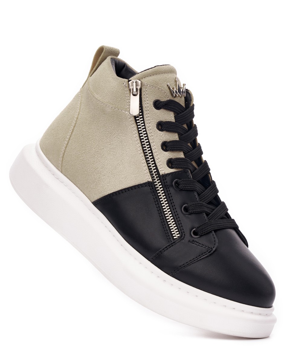 Men’s High Top Sneakers Designer Zipper Shoes Cream-Black | Martin Valen