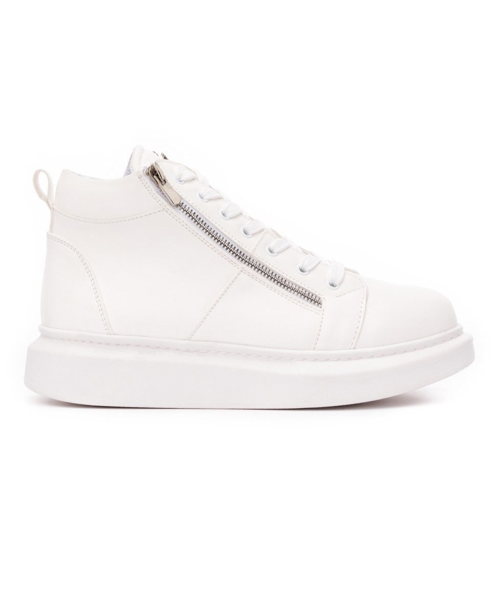 Men’s High Top Sneakers Designer Zipper Shoes White - White