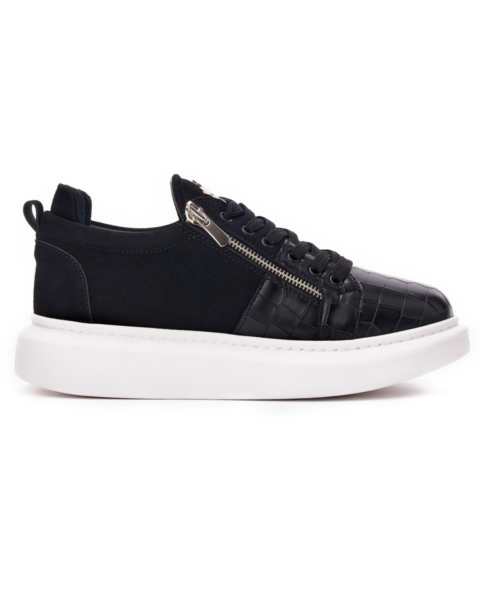 Hype Sole Zipped Style Sneakers in Black Suede Crocco Design