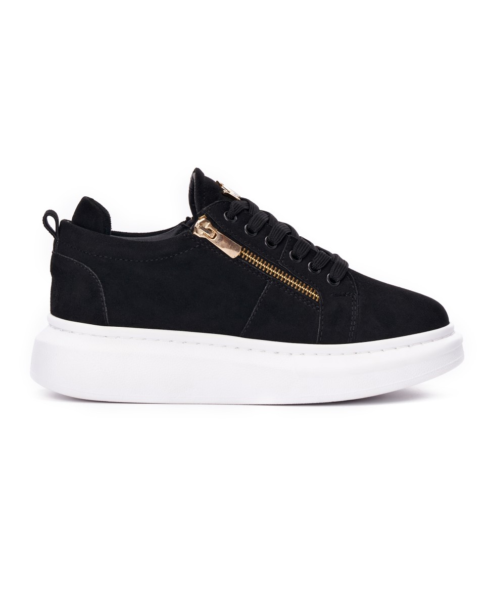 Women's Chunky Suede Sneakers with Gold Zipper in Black - Black