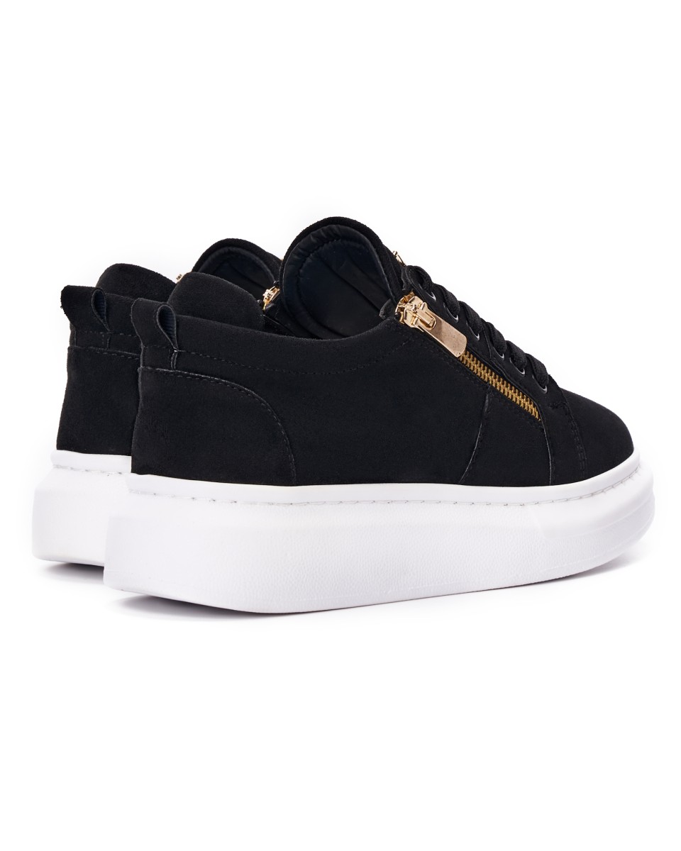Women's Chunky Suede Sneakers with Gold Zipper in Black | Martin Valen