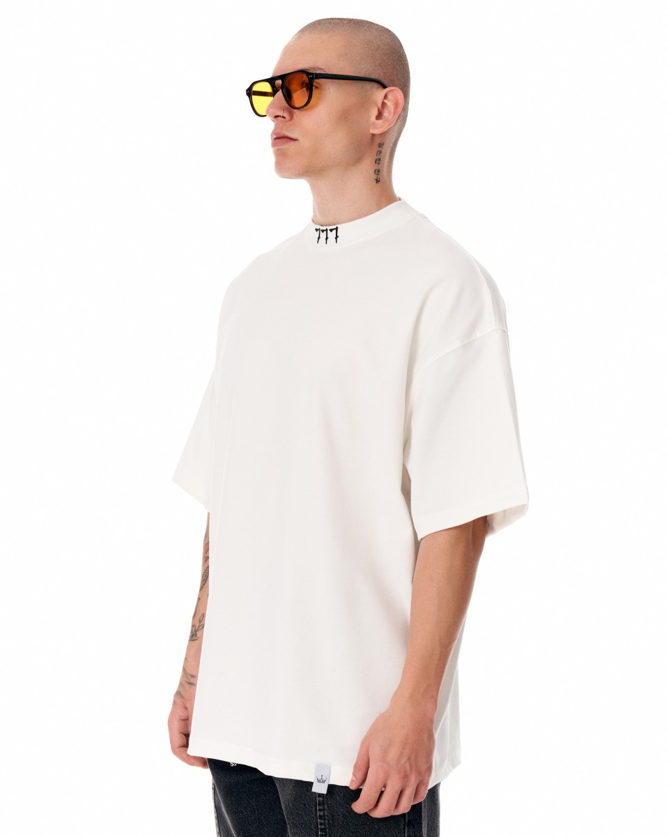 ‘777’ Men’s Oversized Designer T-shirt with 3D Print Detail - White