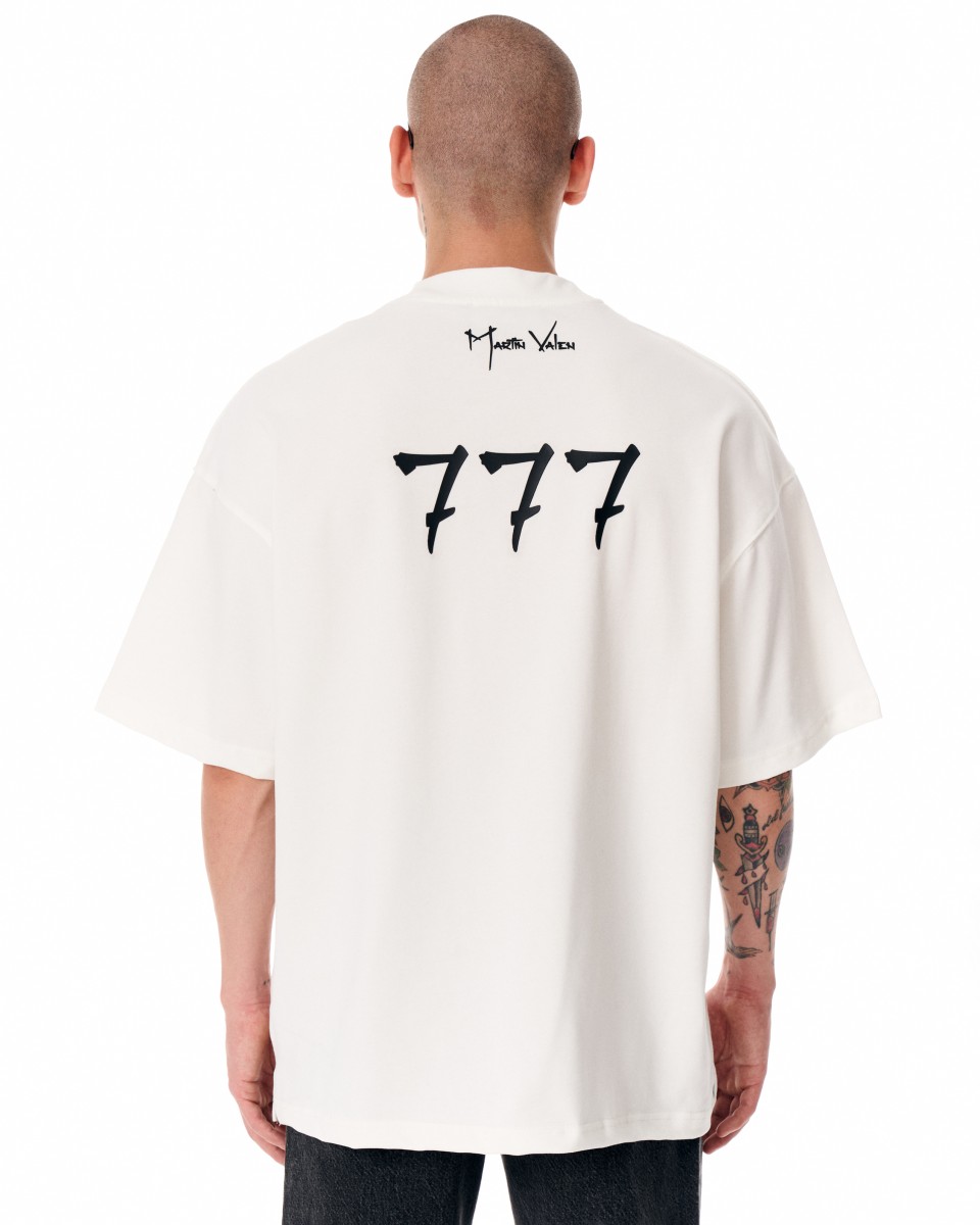 '777' Camiseta Oversize de Diseñador para Hombres con Detalle de Impresión 3D - Blanco