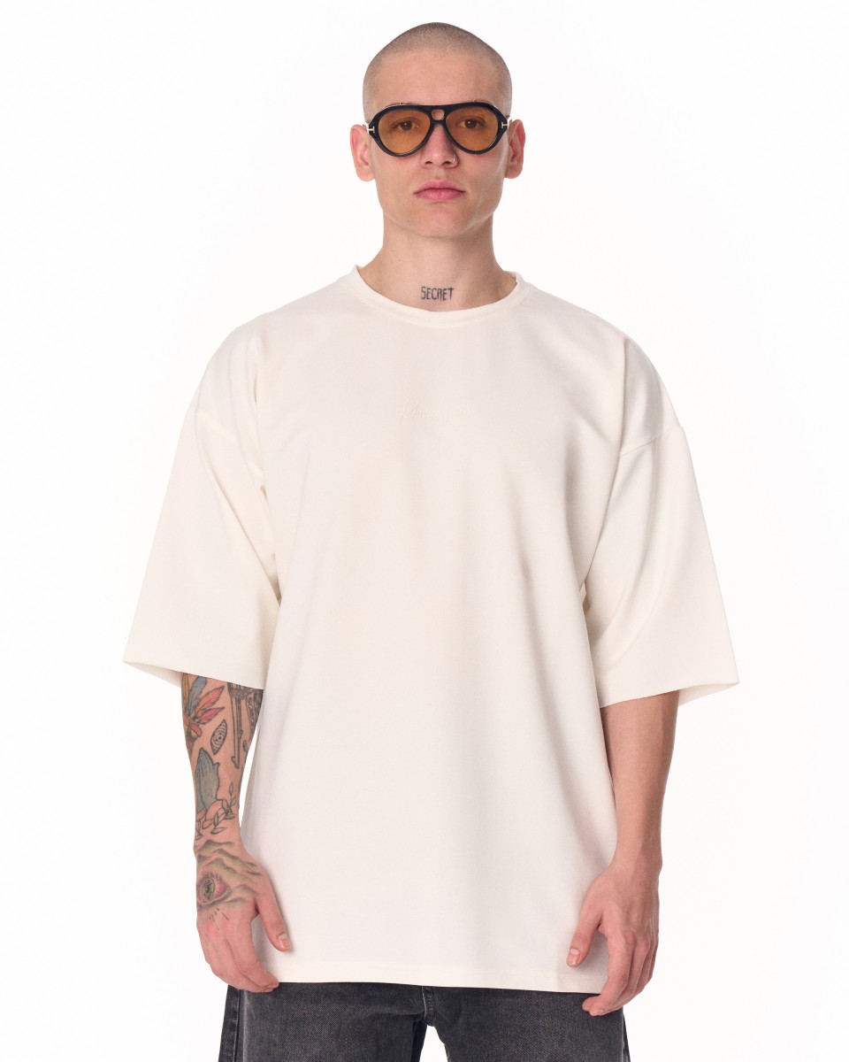 Minimalistisch Oversized T-shirt met Opdruk op de Borst - Wit