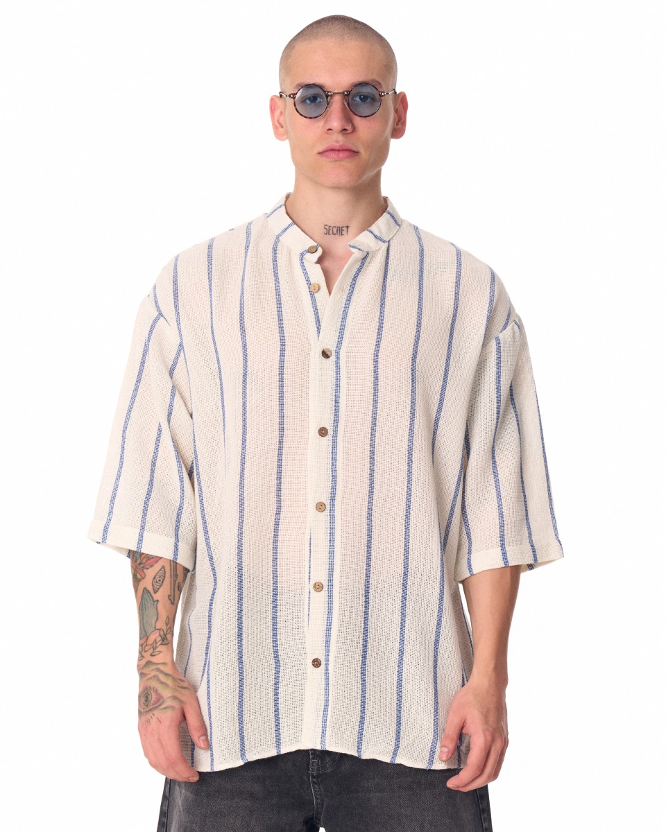 Men's Striped Sile Fabric Oversized White Shirt - White