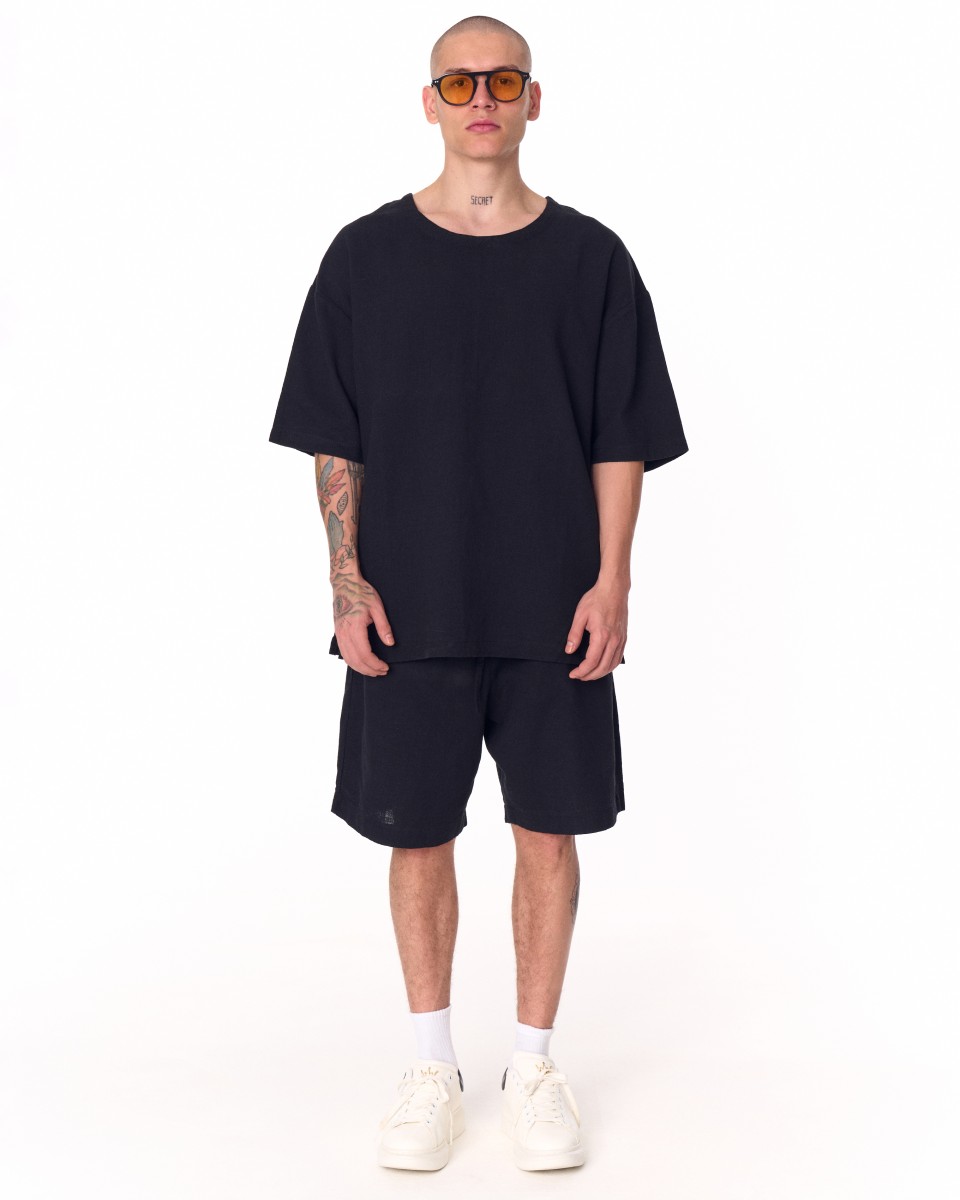 Men's Oversized Linen Shorts Set Black - Black