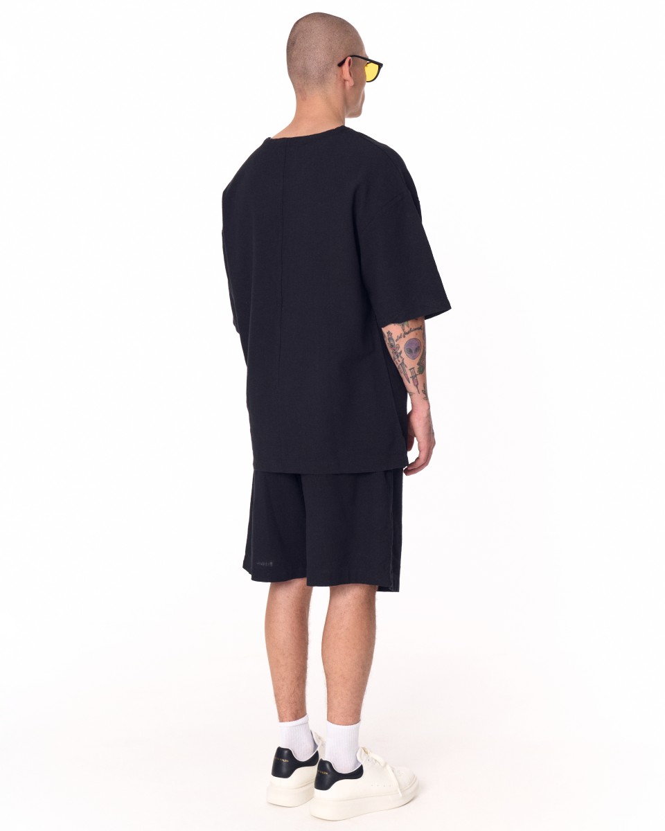 Conjunto de pantalones cortos de lino extragrandes para hombre negro | Martin Valen