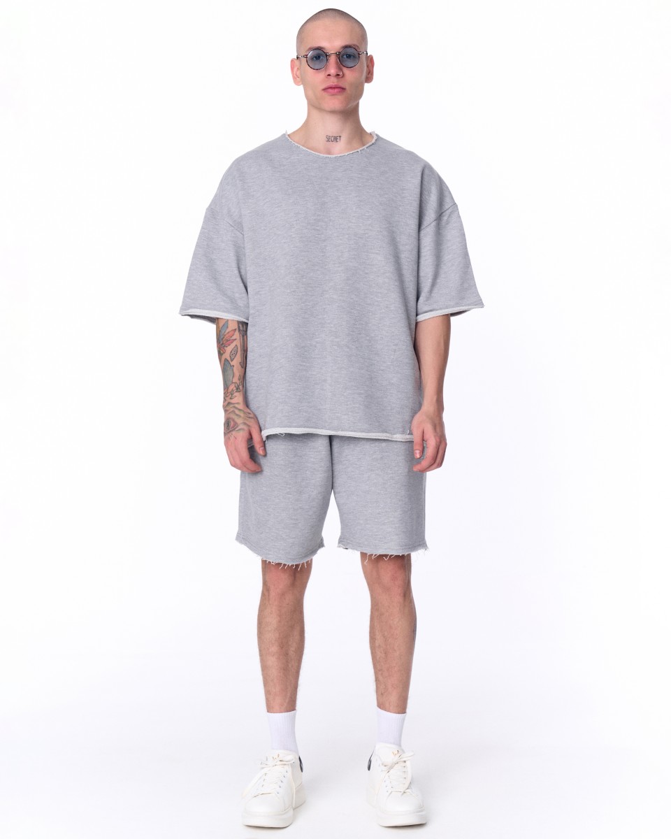 Traje de pantalón corto gris de tela gruesa de gran tamaño para hombre | Martin Valen
