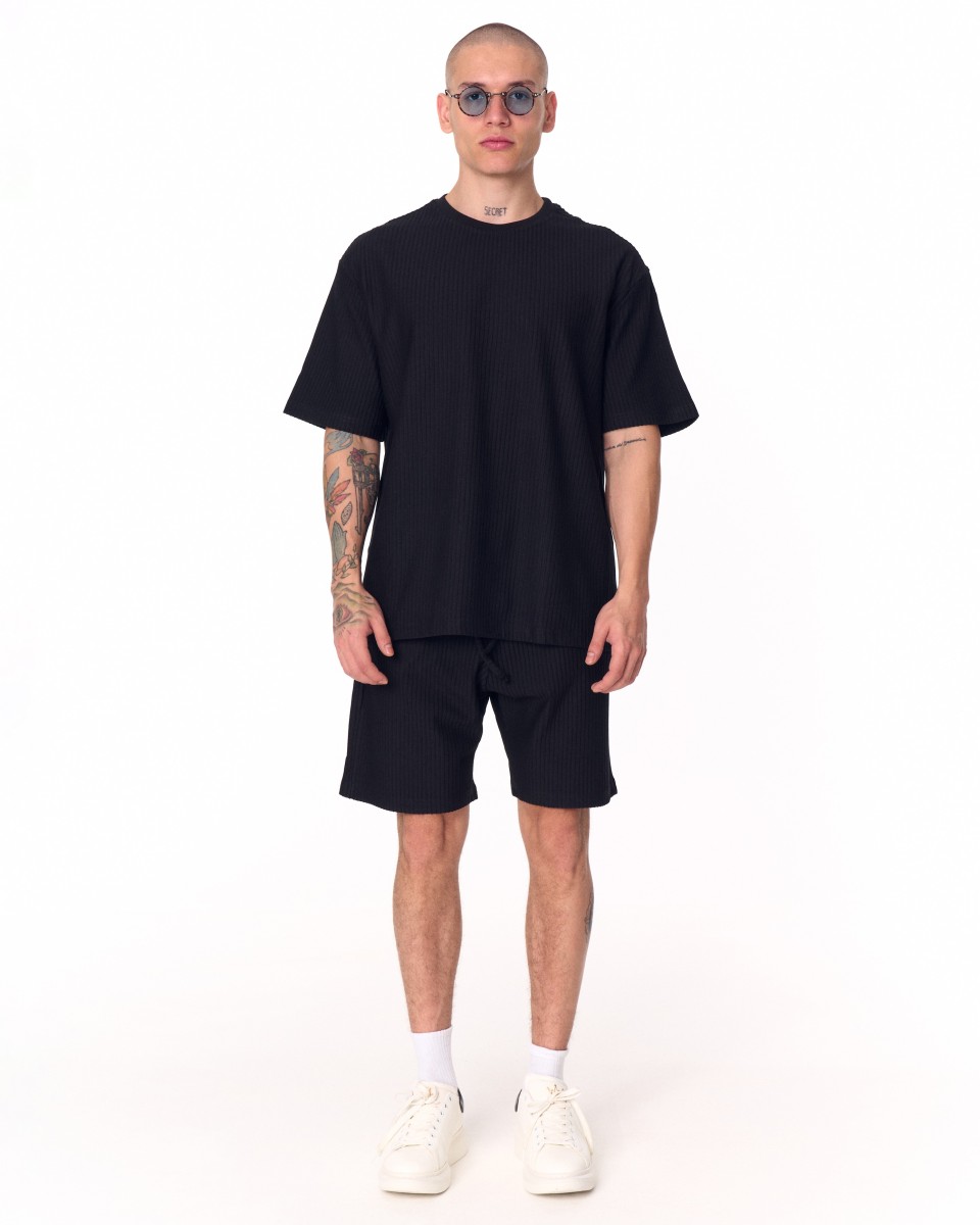 Conjunto de pantalones cortos negros de tela de punto de pana de gran tamaño para hombre - Negro
