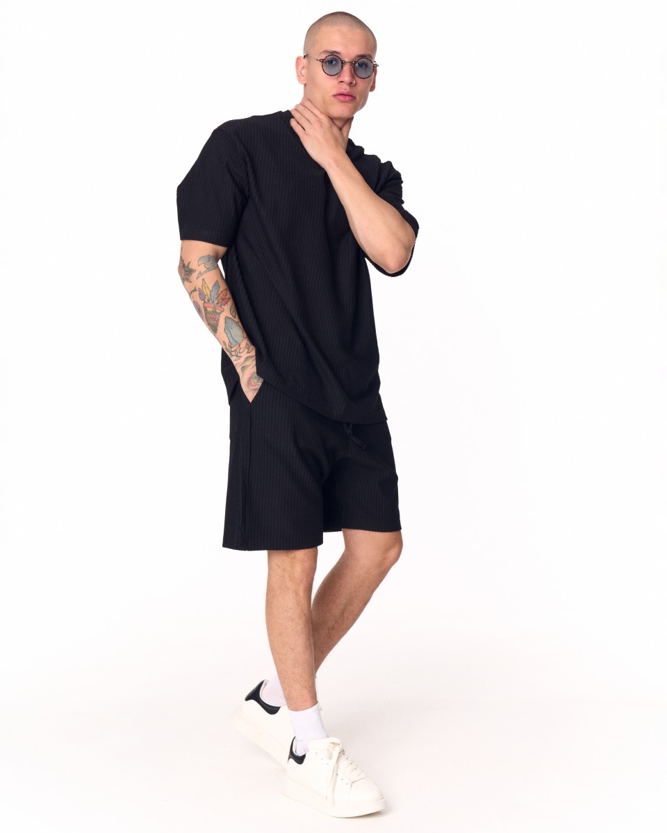 Men's Oversized Corduroy Knitwear Fabric Black Shorts Set | Martin Valen