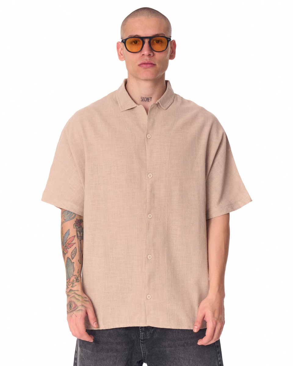 Men's Linen Fabric Oversized Beige Shirt - Beige