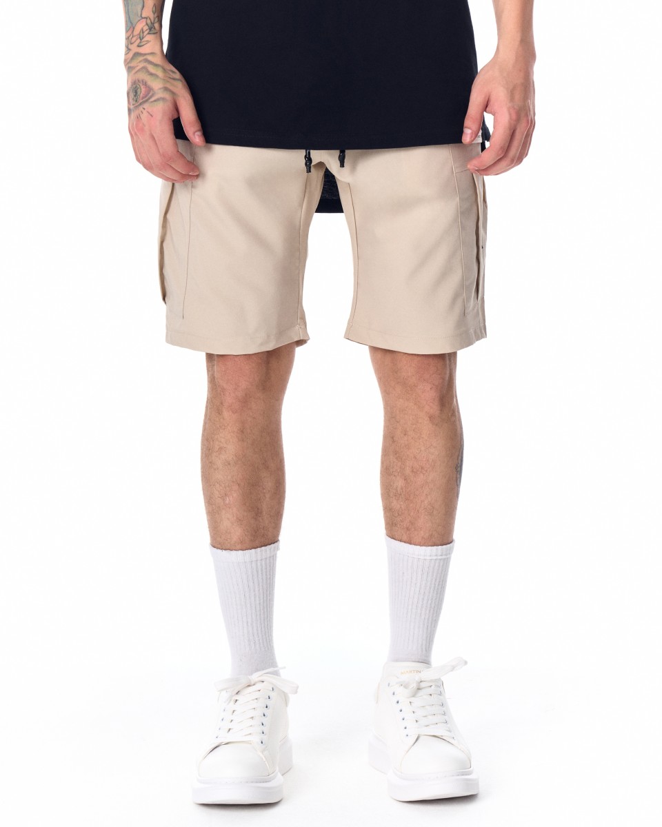 Shorts de grife masculino com detalhe de bolso lateral cinza - Bege